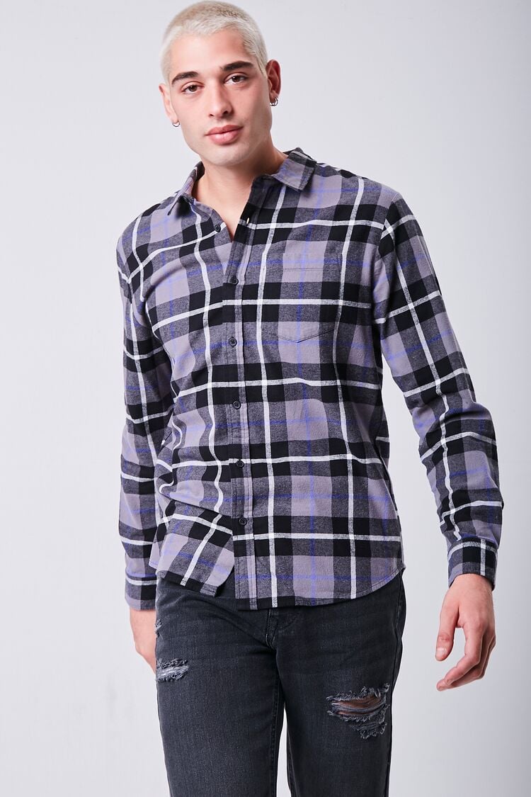 Forever 21 Men's Plaid Scoop-Hem Shirt Black/Multi