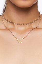 Forever 21 Women's Butterfly Pendant Rhinestone Layered Necklace Gold/Pink