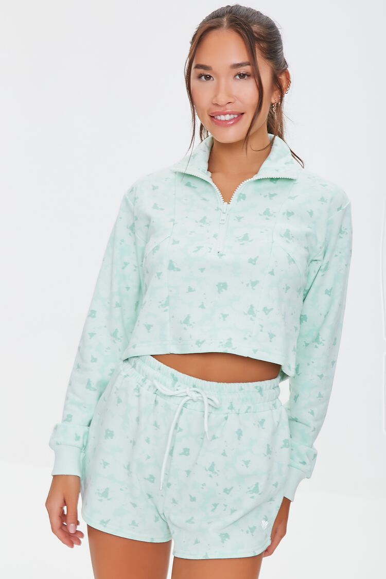 Forever 21 Women's Active Floral Half-Zip Pullover Seafoam/White