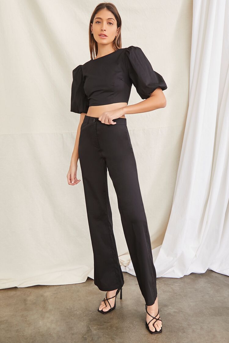 Forever 21 Women's Puff-Sleeve Crop Top & Pants Set Black