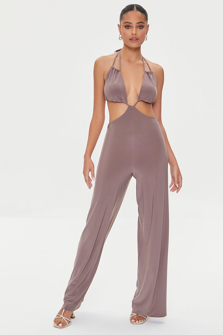 Forever 21 Women's Cutout Halter Jumpsuit Brown