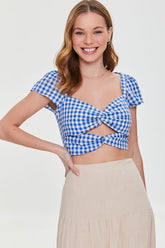 Forever 21 Women's Gingham Cutout Crop Top Blue/White