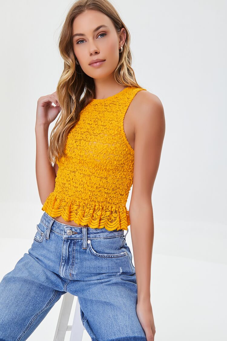 Forever 21 Women's Floral Lace Scalloped Top Marigold