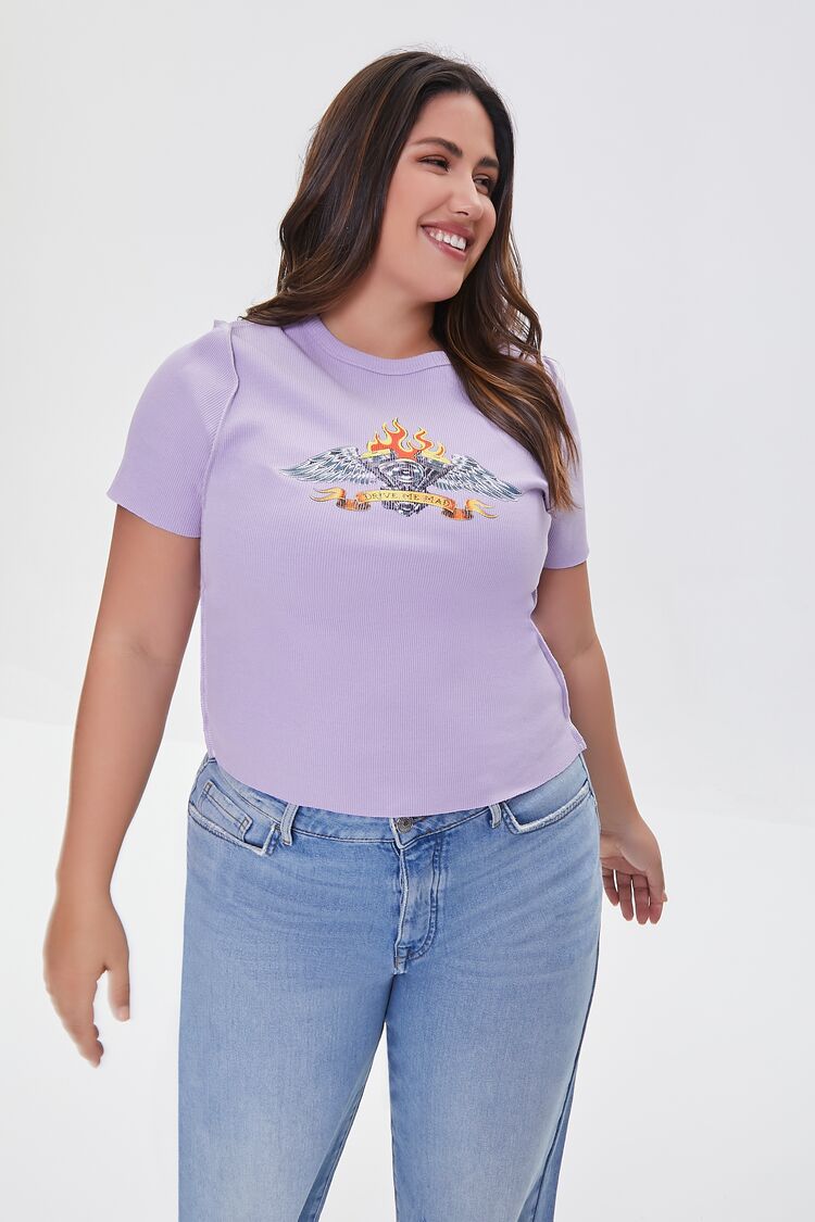 Forever 21 Plus Women's Drive Me Mad T-Shirt Purple/Multi