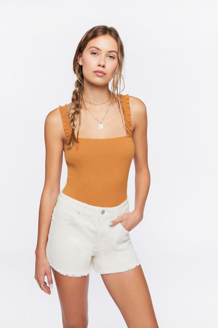 Forever 21 Women's Ruched-Strap Ribbed Bodysuit Maple