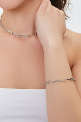 Forever 21 Women's Chain Choker Necklace & Bracelet Set Silver