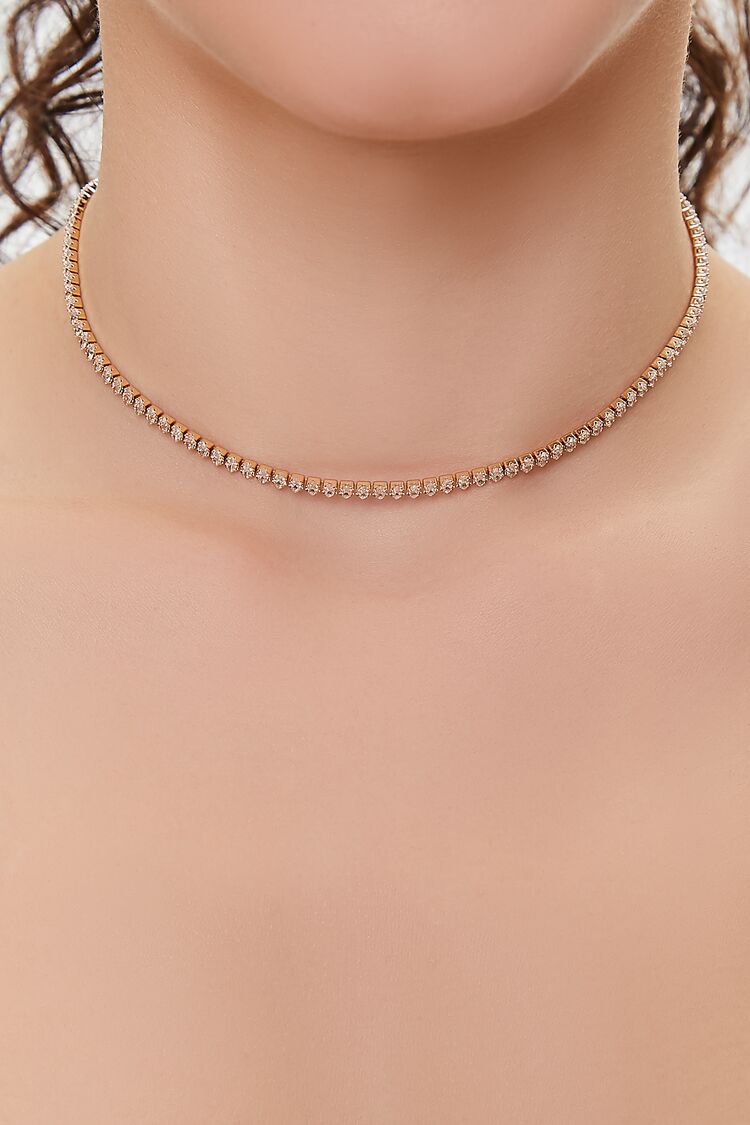 Forever 21 Women's Rhinestone Chain Choker Necklace Gold/Clear