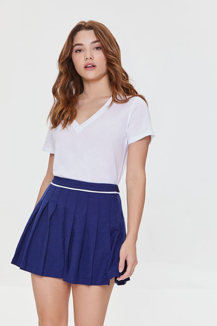 Forever 21 Women's Pleated A-Line Mini Skirt Navy/White
