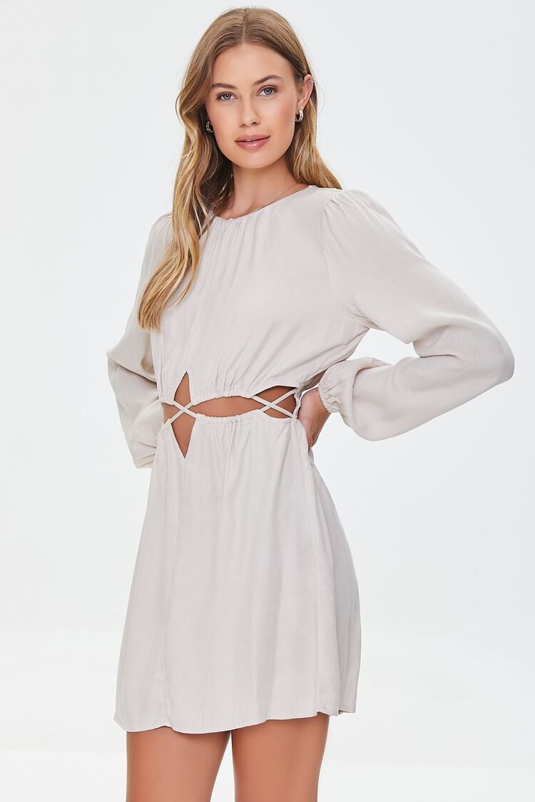 Forever 21 Women's Cutout Peasant-Sleeve Mini Spring/Summer Dress Cream