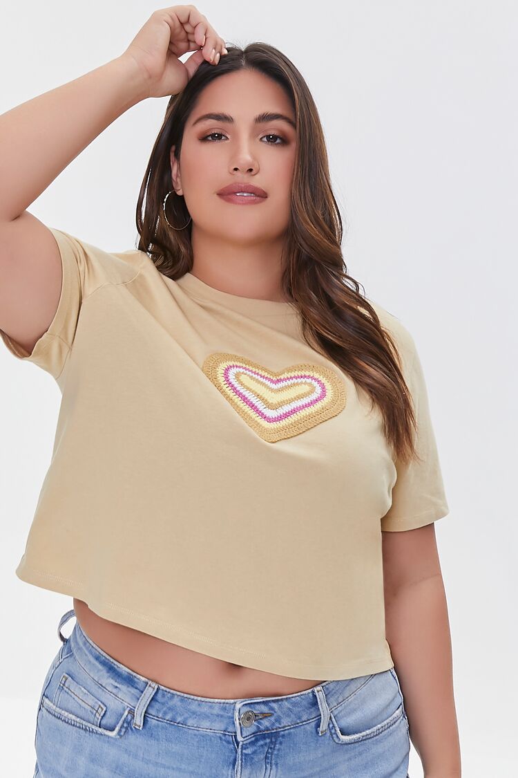 Forever 21 Plus Women's Crochet Heart T-Shirt Taupe/Multi