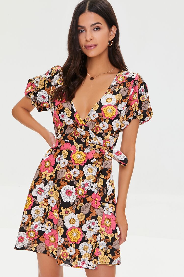 Forever 21 Women's Floral Print Puff-Sleeve Spring/Summer Dress Black/Multi