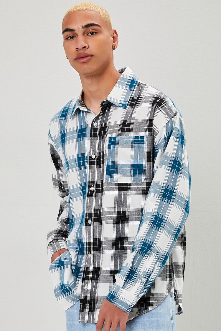 Forever 21 Men's Reworked Plaid Button-Front Shirt Dark Blue/Black