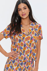 Forever 21 Women's Pleated Floral Print Shirt Orange/Multi