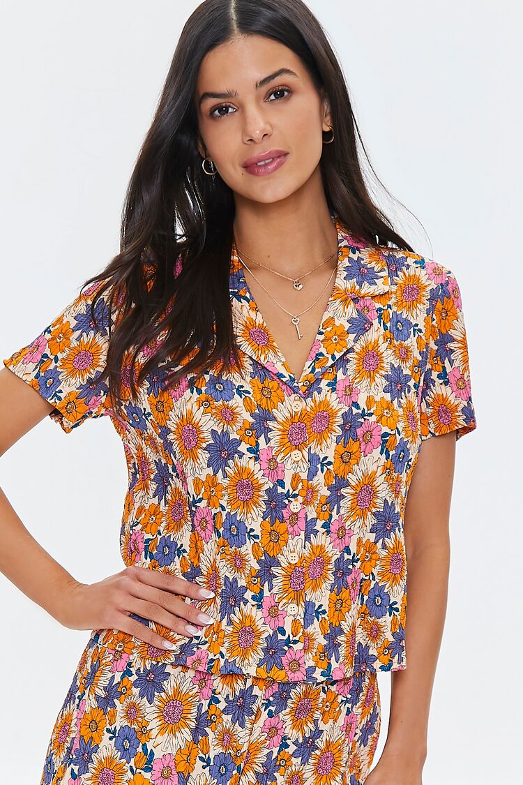 Forever 21 Women's Pleated Floral Print Shirt Orange/Multi