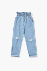 Forever 21 Girls Distressed Paperbag Jeans (Kids) Medium Denim