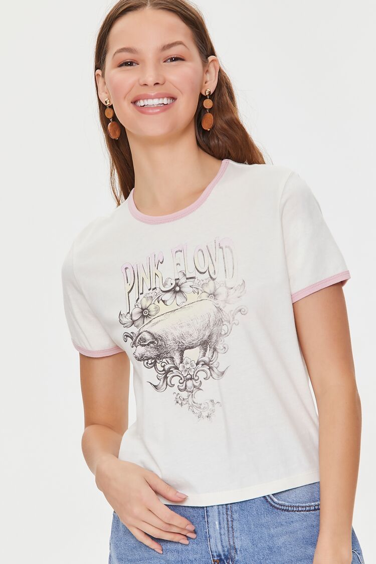 Forever 21 Women's Pink Floyd Graphic Cropped Ringer T-Shirt White/Pink