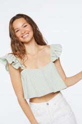 Forever 21 Women's Gingham Ruffle-Trim Crop Top Sage/Cream