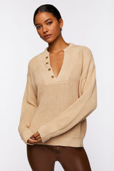 Forever 21 Knit Women's Half-Button Drop-Sleeve Sweater Beige