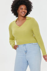 Forever 21 Knit Plus Women's Split-Neck Fitted Sweater Green Banana