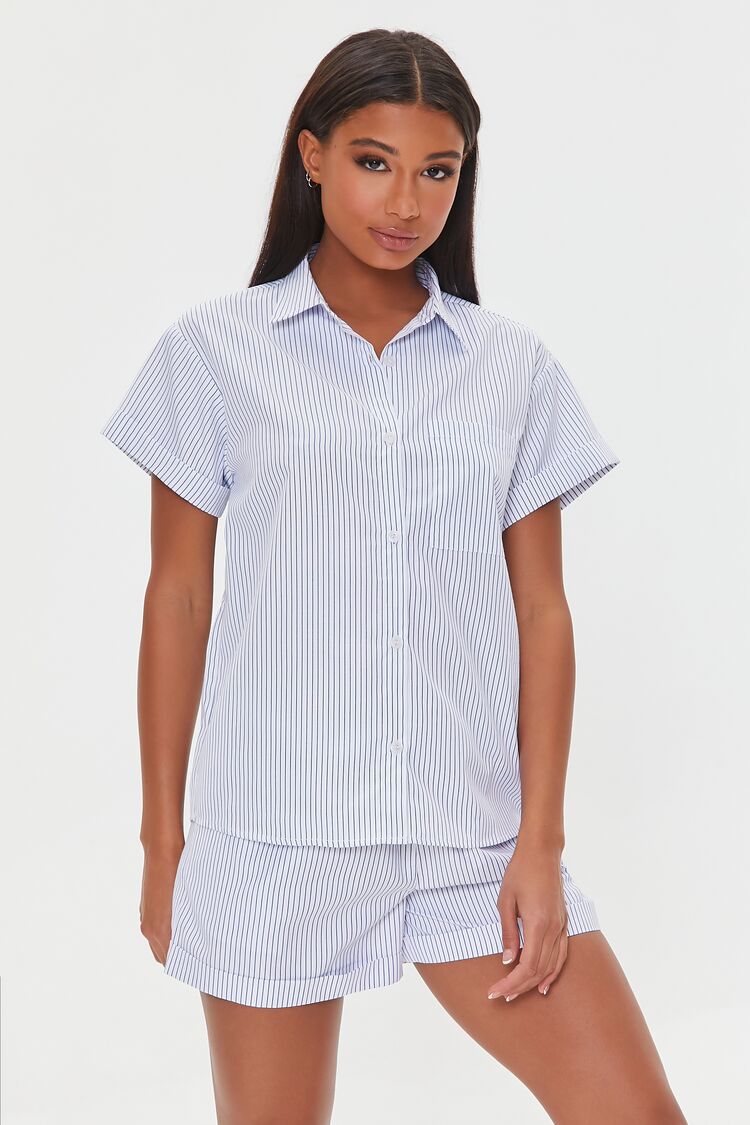 Forever 21 Women's Pinstriped Pajama Shirt & Shorts Set White/Navy