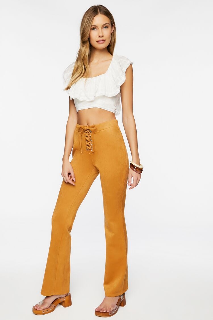 Forever 21 Women's Faux Suede Lace-Up Flare Pants Maple