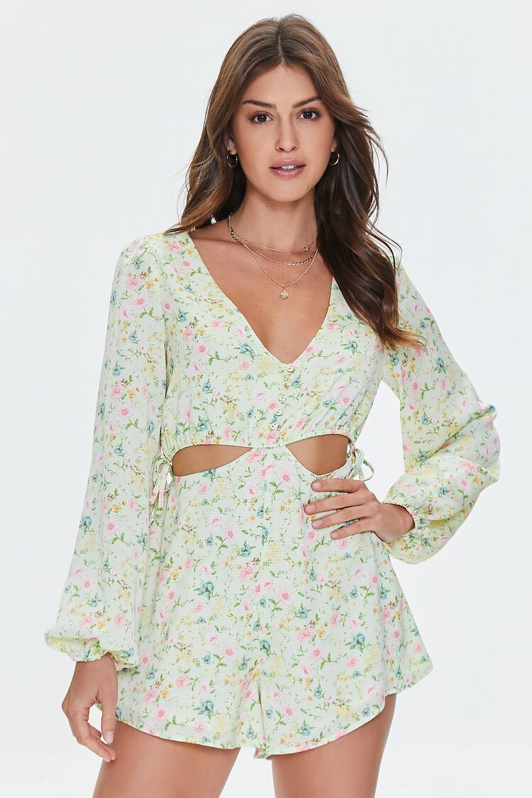 Forever 21 Women's Floral Print Cutout Romper Green/Multi