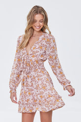 Forever 21 Women's Floral Print Peasant Sleeve Dress Taupe/Multi