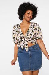 Forever 21 Plus Women's Floral Tie-Front Crop Top Black/Multi