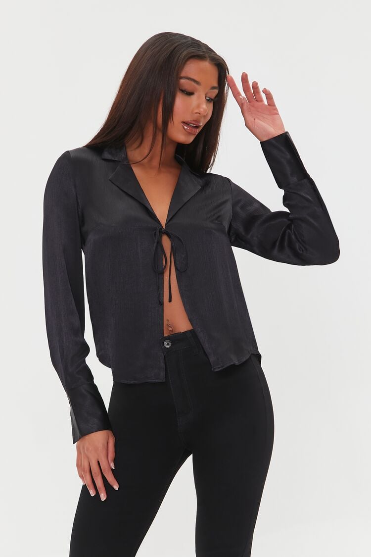 Forever 21 Women's Tie-Front Satin Top Black