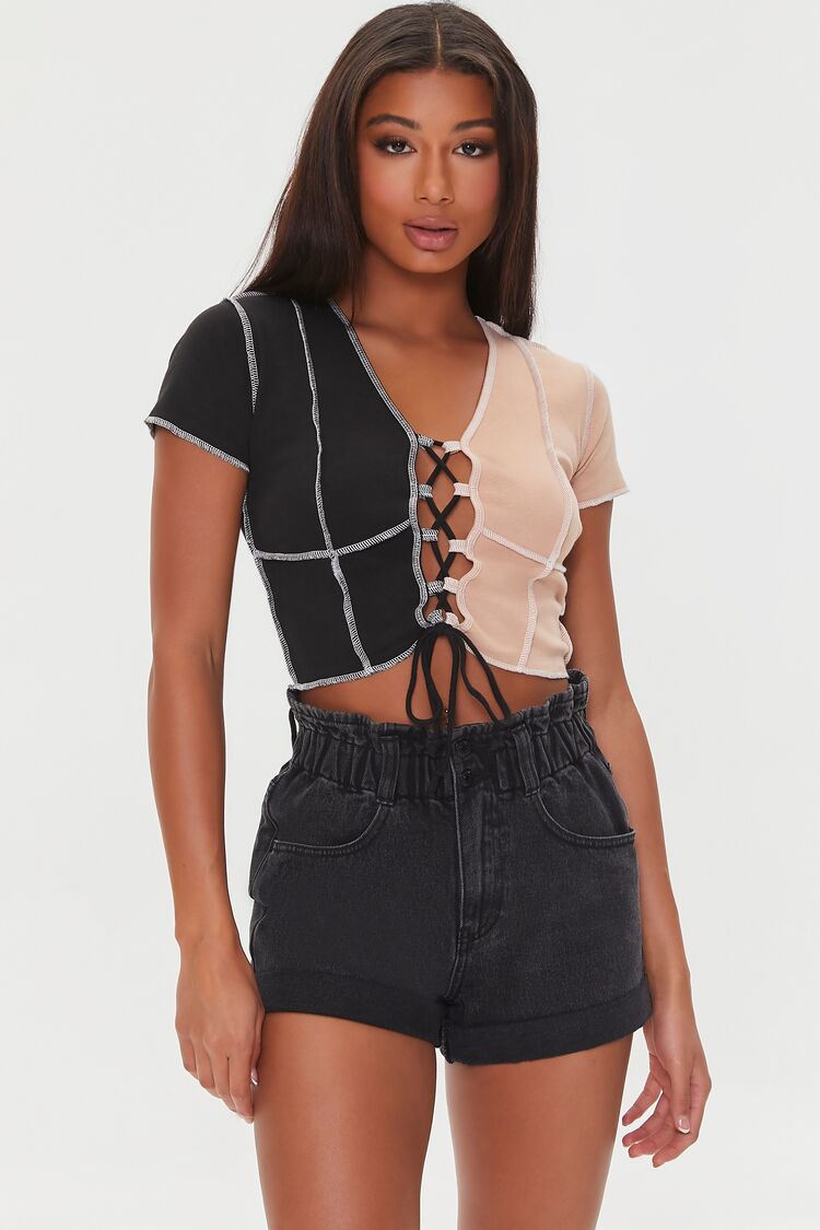 Forever 21 Women's Reworked Lace-Up Crop Top Walnut/Black