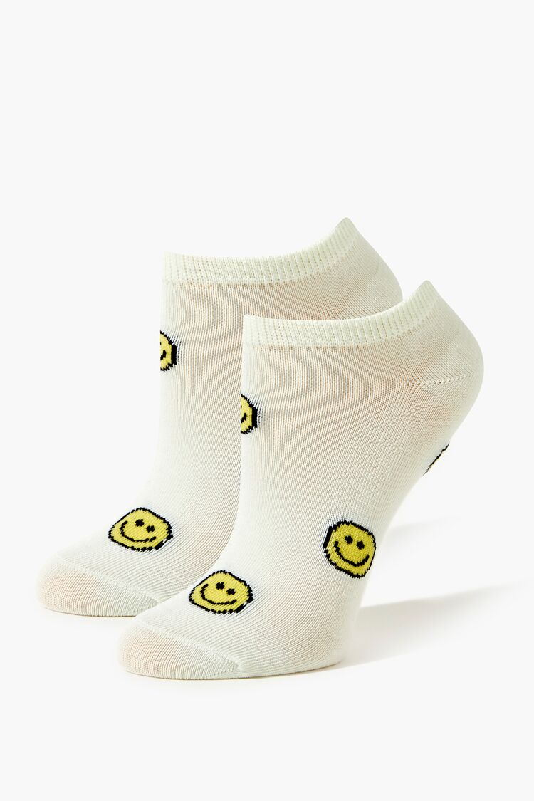 Forever 21 Women's Happy Face Print Ankle Socks Cream/Multi