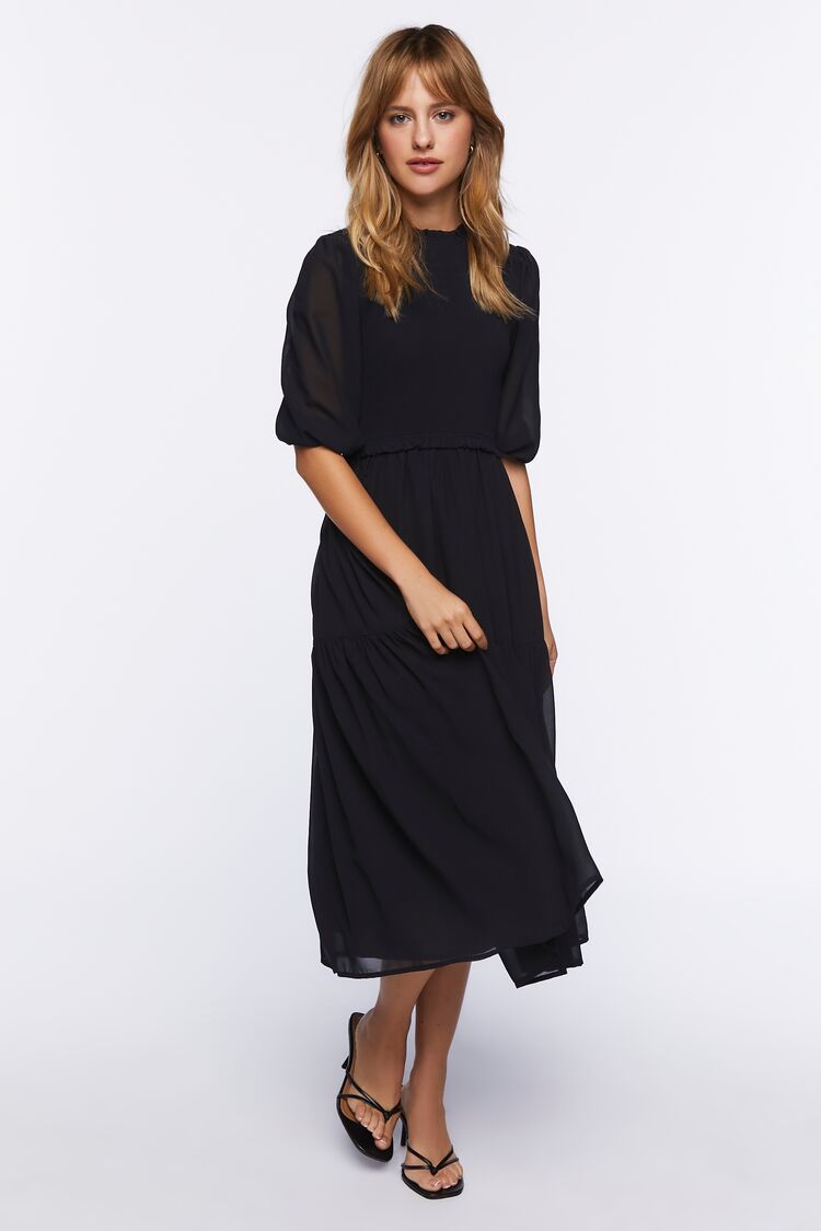 Forever 21 Women's Smocked Peasant-Sleeve Dress Black
