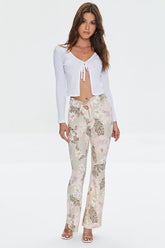 Forever 21 Women's Tropical Print Self-Tie Flare Pants Taupe/Multi