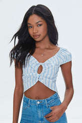 Forever 21 Women's Striped Linen-Blend Cutout Crop Top White/Blue