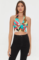 Forever 21 Women's Abstract Print Halter Crop Top White/Multi