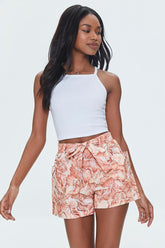 Forever 21 Women's Tropical Leaf Print Belted Shorts Peach /Multi