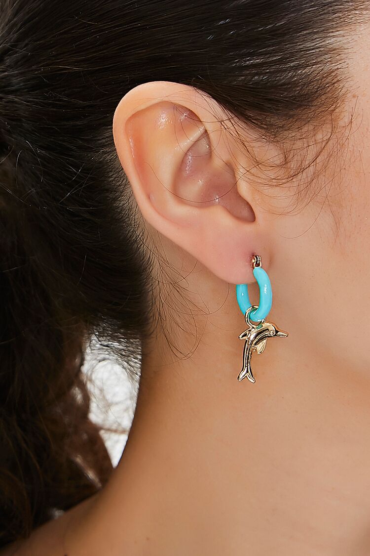 Forever 21 Women's Upcycled Dolphin Hoop Drop Earrings Gold/Turquoise