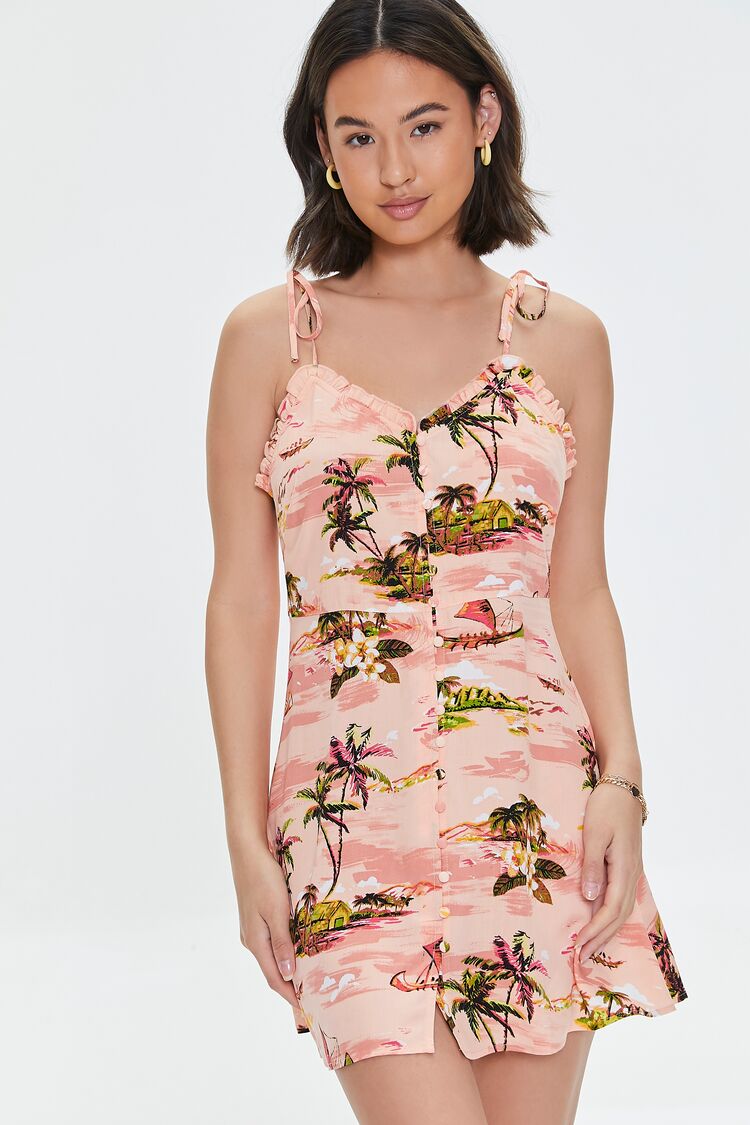 Forever 21 Women's Tropical Ruffled Cami Dress Peach /Multi