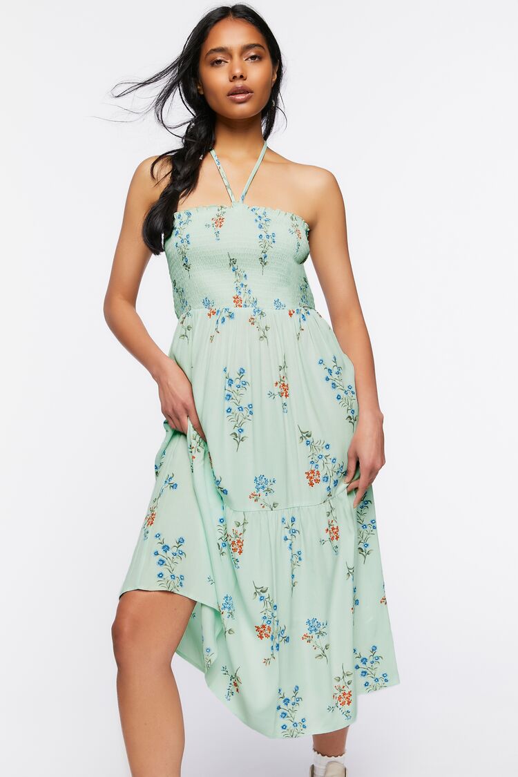 Forever 21 Women's Floral Print Halter Midi Dress Mint/Multi