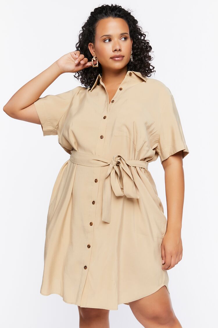 Forever 21 Plus Women's Belted Mini Shirt Spring/Summer Dress Safari