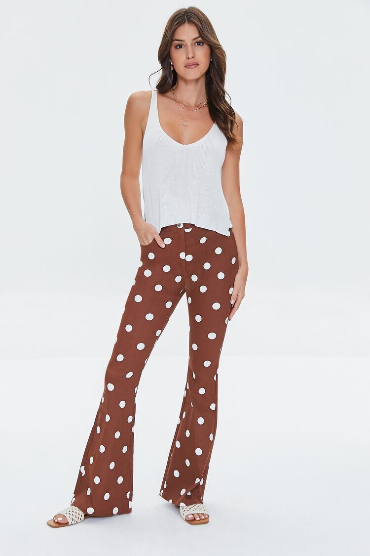 Forever 21 Women's Polka Dot Print Flare Pants Brown/White