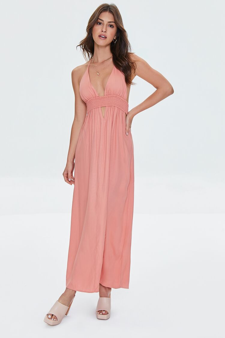 Forever 21 Women's Cutout Plunging Halter Maxi Long Spring/Summer Dress Rose