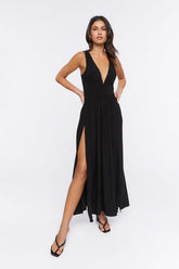 Forever 21 Women's Plunging Slit Maxi Long Dress Black