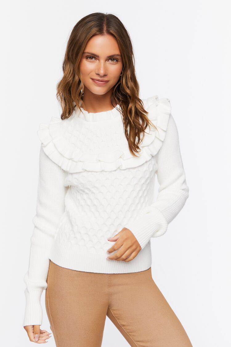 Forever 21 Women's Ruffled Honeycomb Knit Sweater Cream