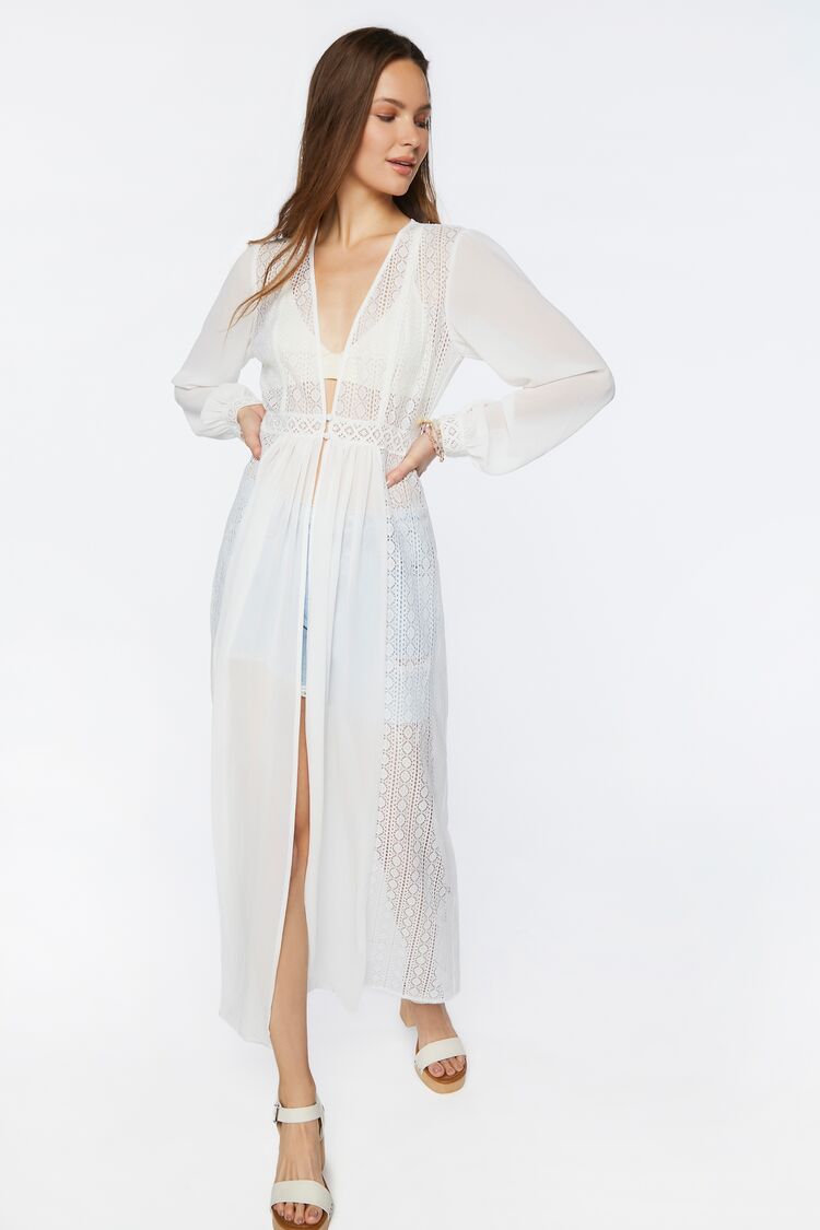 Forever 21 Women's Sheer Lace Duster Jacket White