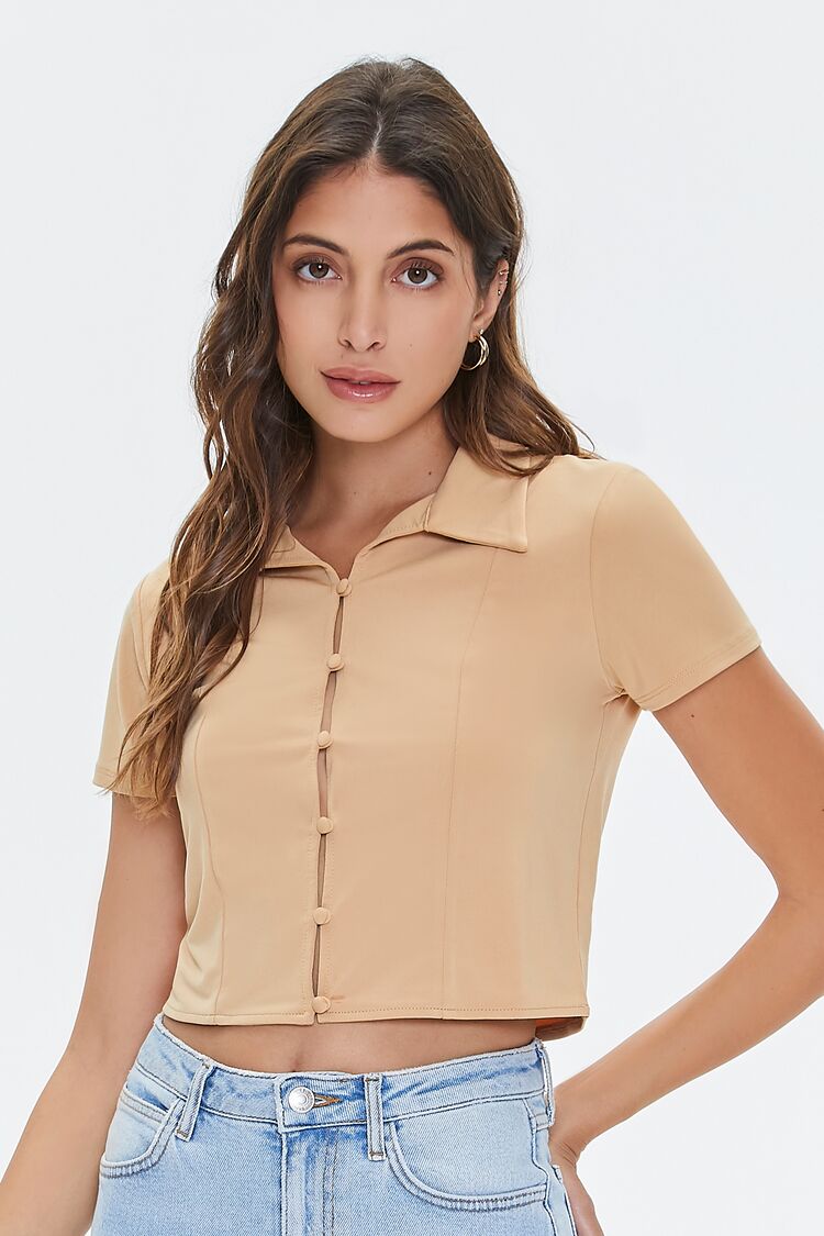 Forever 21 Women's Cropped Button-Loop Shirt Safari