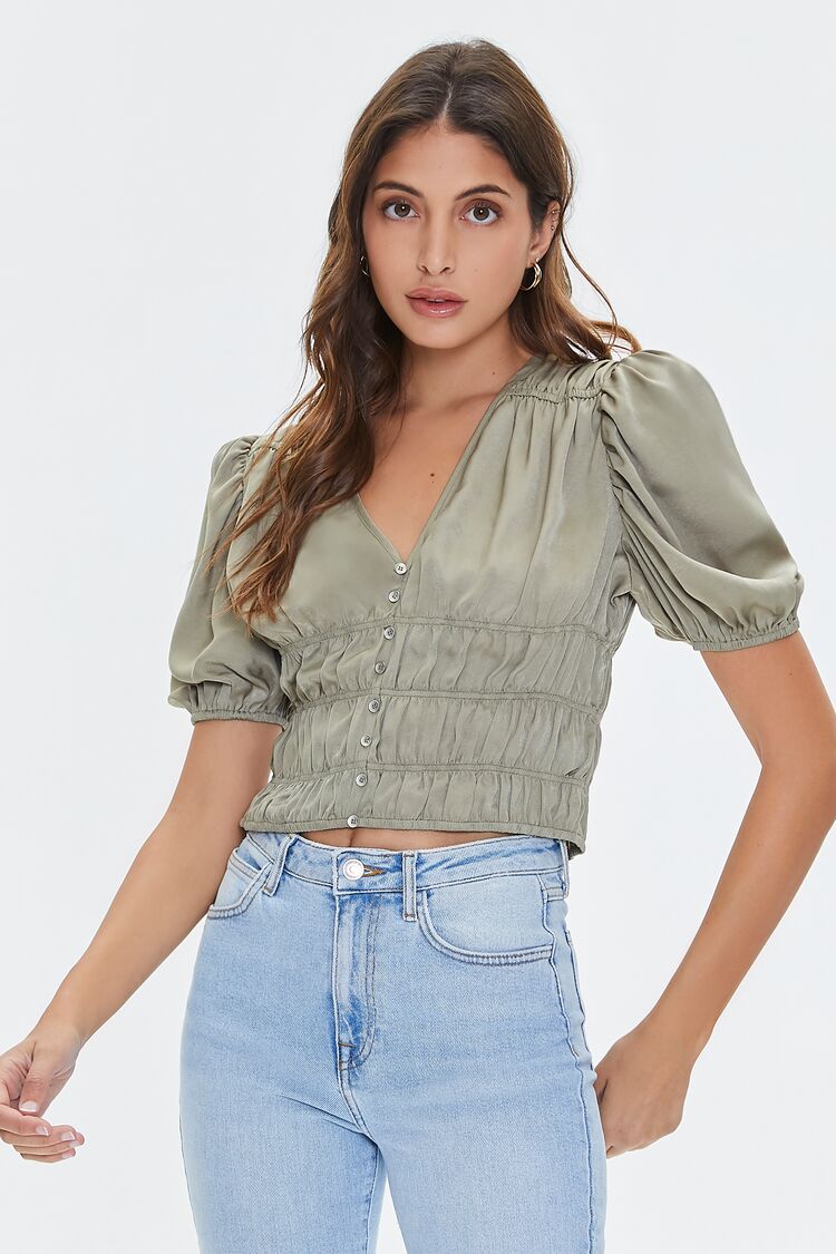 Forever 21 Women's Shirred Puff-Sleeve Crop Top Sage