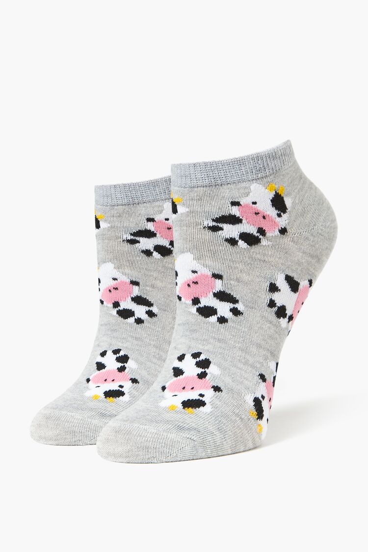 Forever 21 Women's Cow Print Ankle Socks Heather Grey/Multi