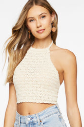 Forever 21 Women's Pointelle Knit Cropped Halter Top Sandshell