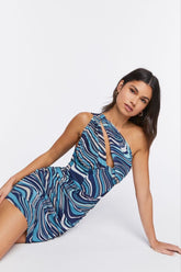 Forever 21 Women's Striped Mini One-Shoulder Spring/Summer Dress Blue/Multi